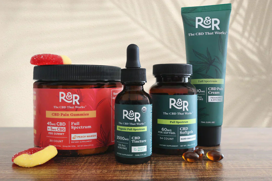 An R&R CBD Pain Gummies, CBD Tincture, CBD Softgels, and CBD Pain Cream placed on a table with some gummies and softgels