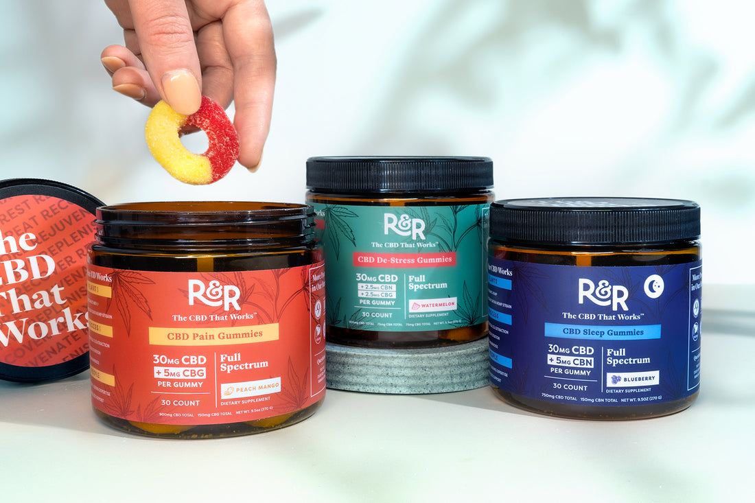 Three different flavors of R&R CBD gummies Pain, De-Stress, and Sleep are placed on a white surface