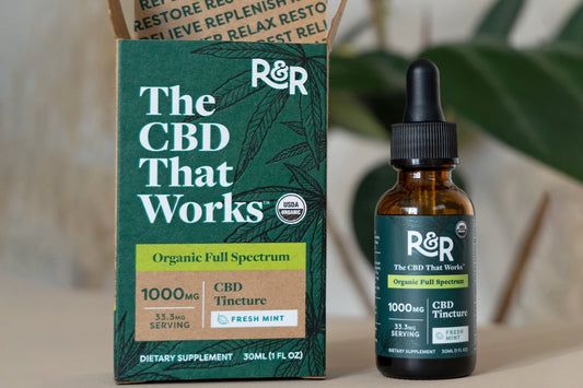 An R&R Fresh Mint CBD tincture bottle and a packet are placed on a table