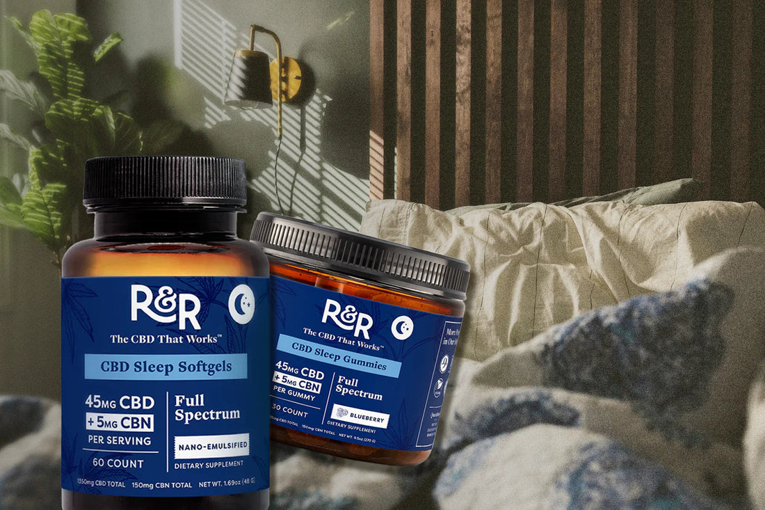 A R&R CBD sleep gummies and sleep softgels container placed against a bedroom background