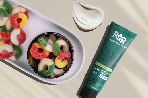 An R&R CBD pain cream tube and some colorful gummies are placed on a tray on the floor